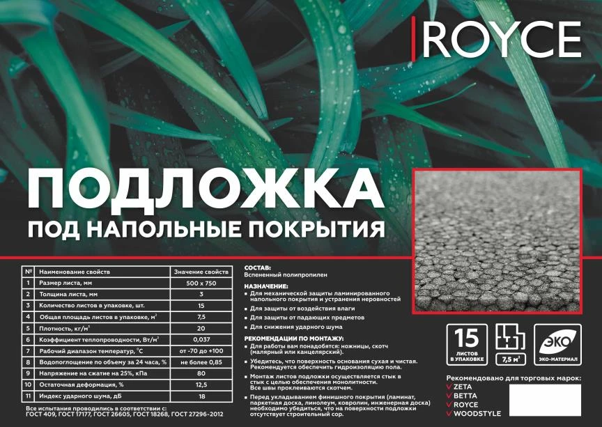 Подложка листовая Royce под ламинат и паркет PolyBlock Черная 3 мм (750x500x3)